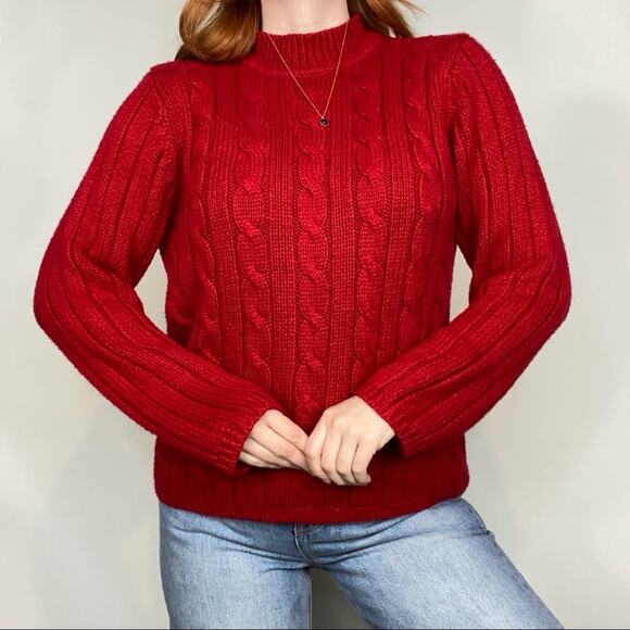 Vintage 90s Sag Harbor Petite Size Large Red Mockneck Cable Knit Sweater - Picture 7 of 11